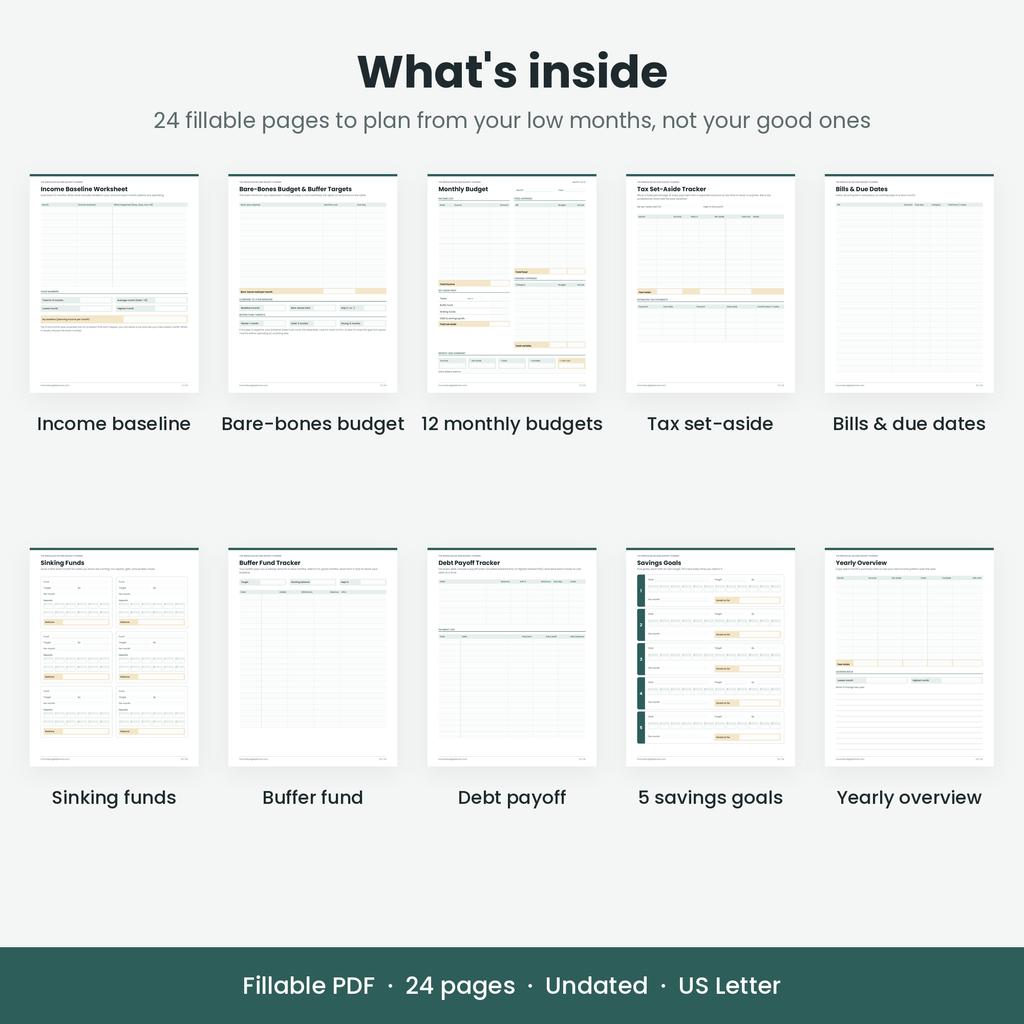 Overview of the planner's 24 pages: income baseline, bare-bones budget, monthly budgets and trackers