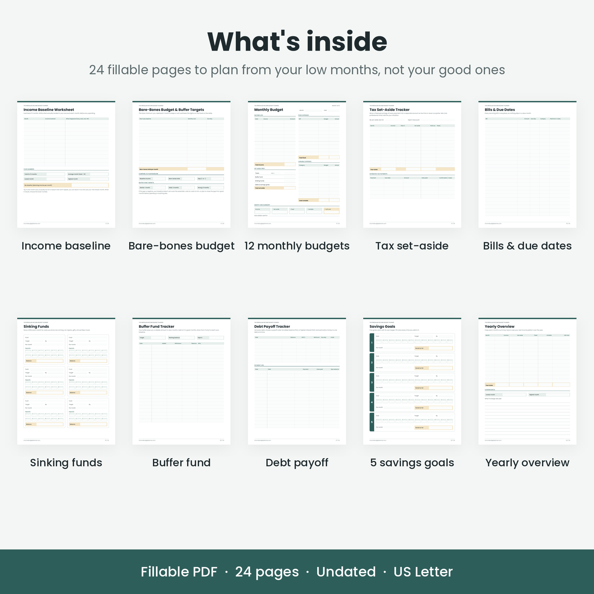 Overview of the planner's 24 pages: income baseline, bare-bones budget, monthly budgets and trackers