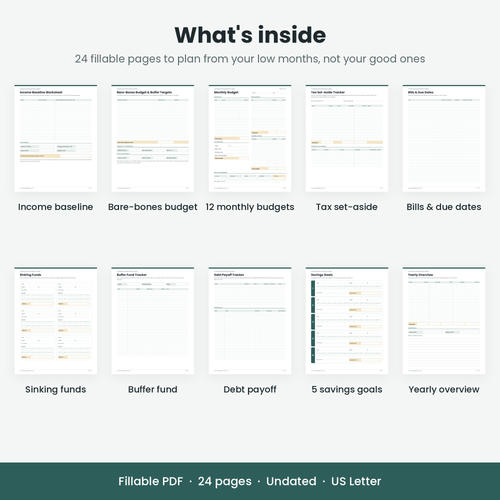 Overview of the planner's 24 pages: income baseline, bare-bones budget, monthly budgets and trackers
