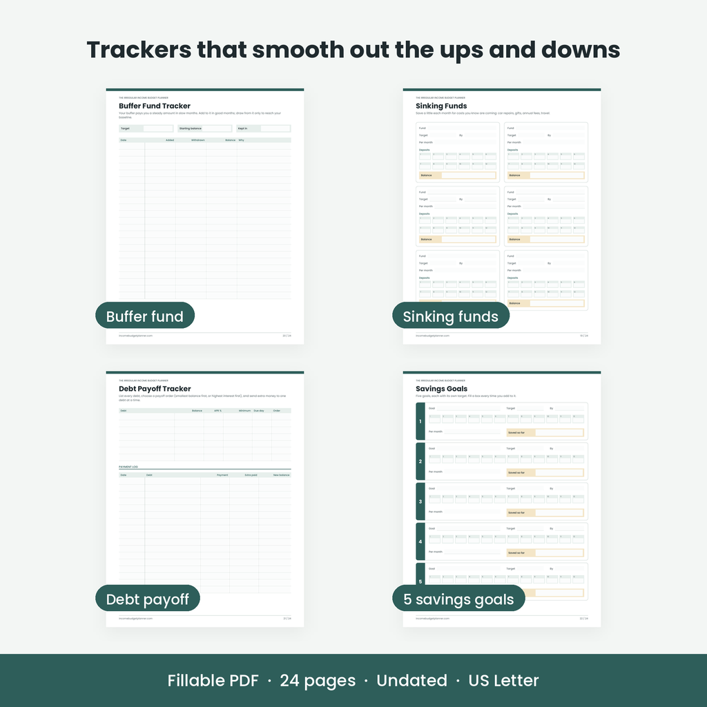 Buffer fund, sinking funds, debt payoff and savings goal tracker pages