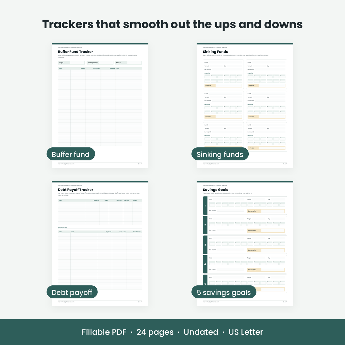 Buffer fund, sinking funds, debt payoff and savings goal tracker pages