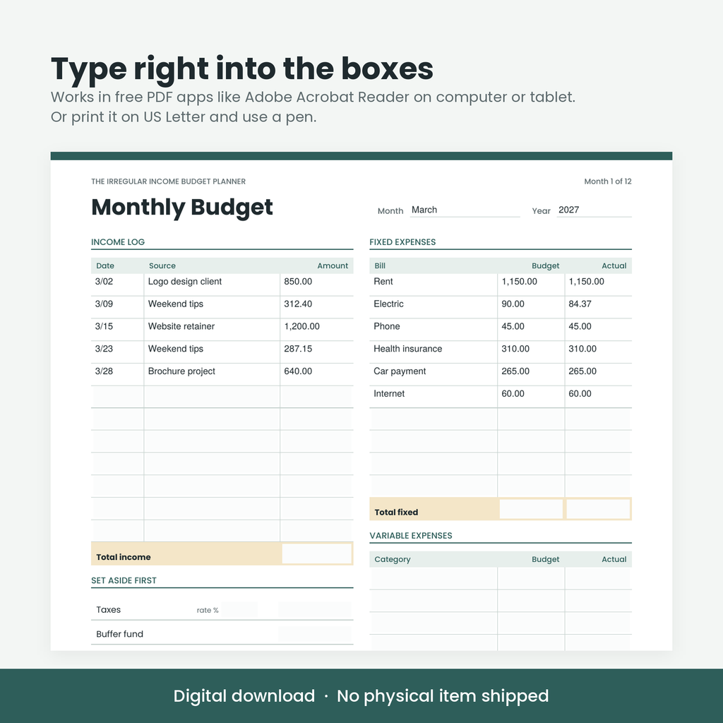 Fillable monthly budget page with sample income and bills typed in