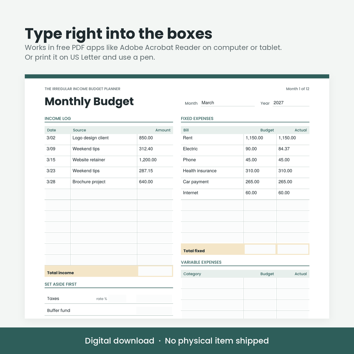 Fillable monthly budget page with sample income and bills typed in