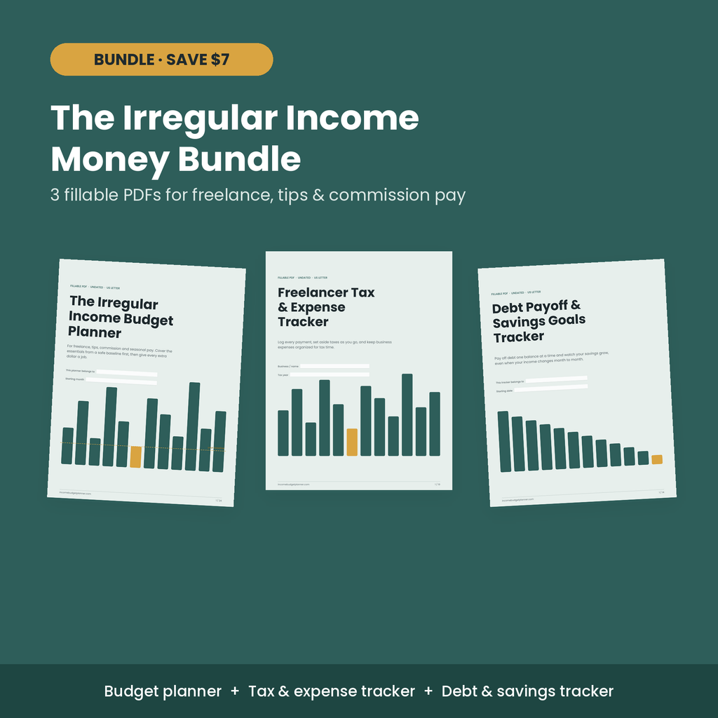 The Irregular Income Money Bundle: budget planner, tax and expense tracker, and debt payoff tracker