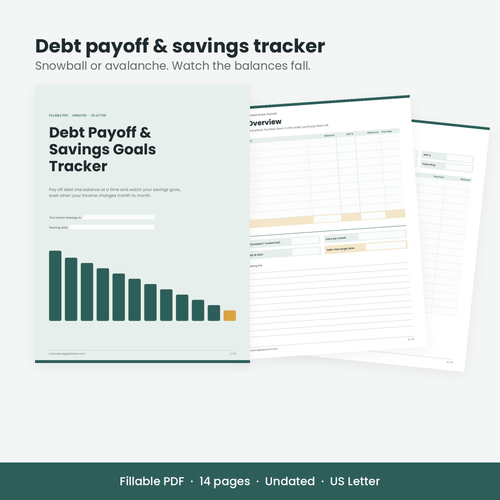 Debt Payoff and Savings Goals Tracker cover with debt overview pages