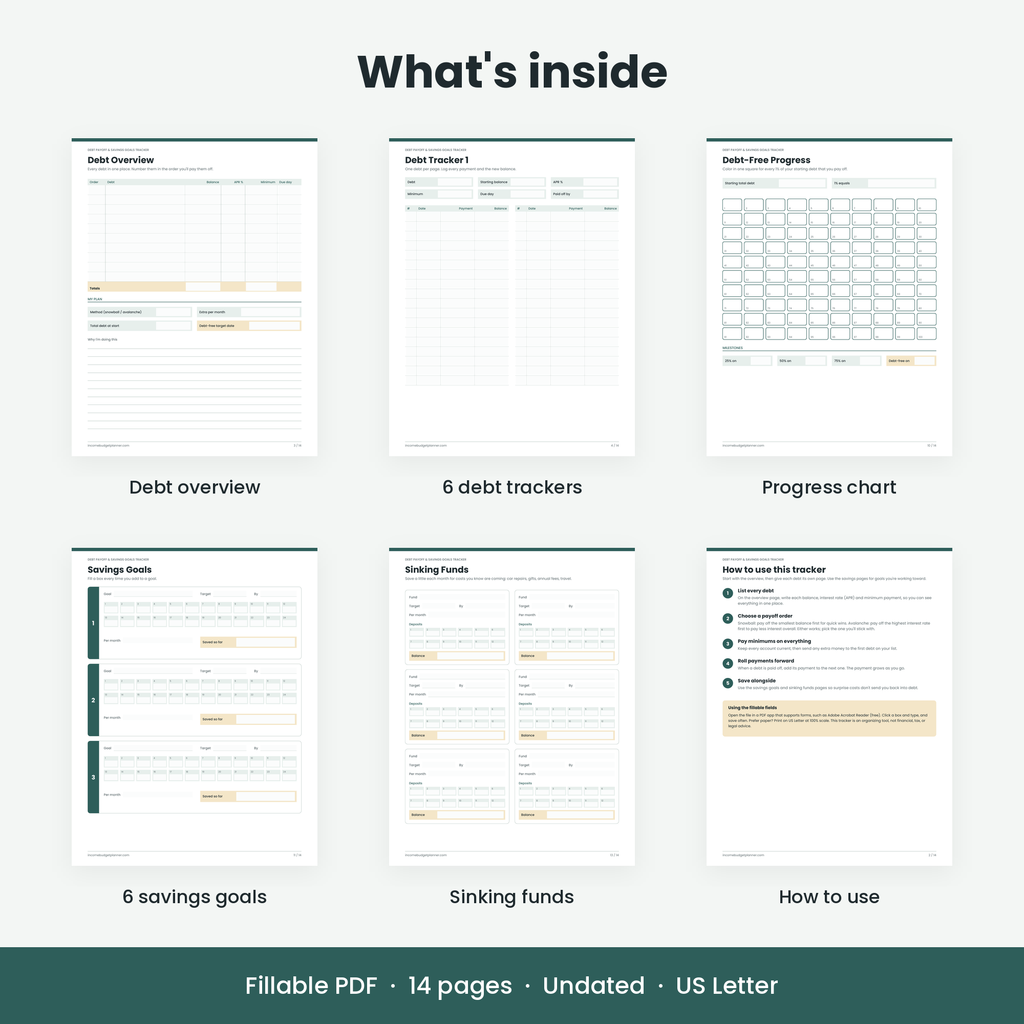 Pages inside: debt overview, debt trackers, progress chart, savings goals, sinking funds