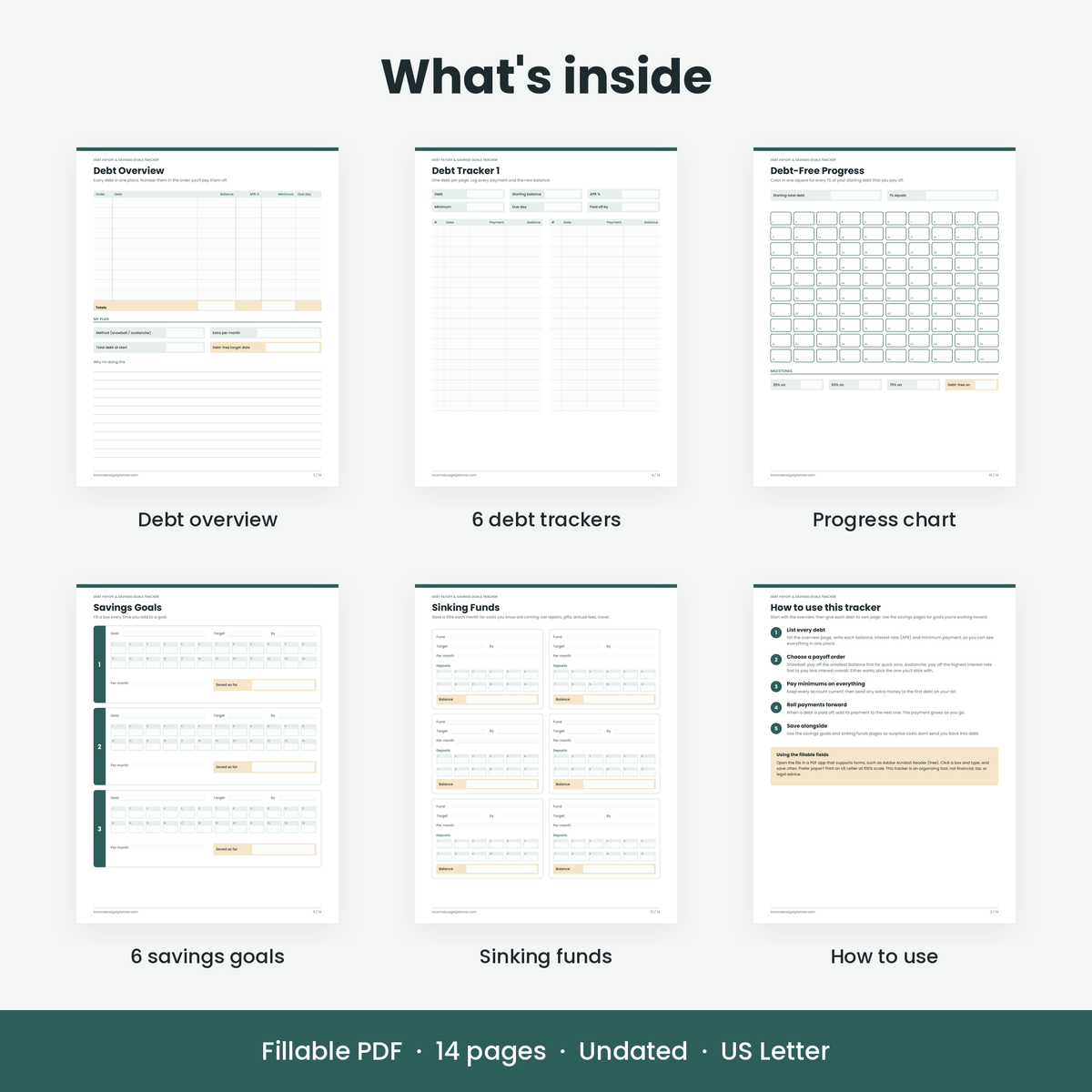 Pages inside: debt overview, debt trackers, progress chart, savings goals, sinking funds