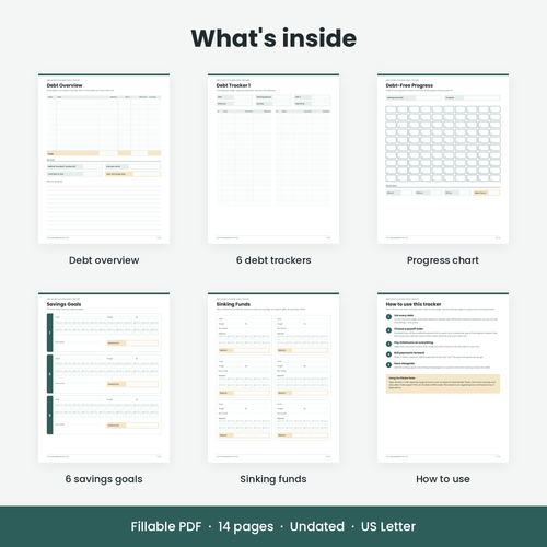 Pages inside: debt overview, debt trackers, progress chart, savings goals, sinking funds