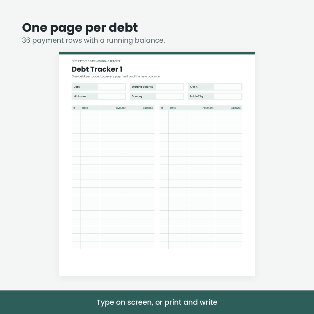 Single debt tracker page with 36 payment rows and running balance