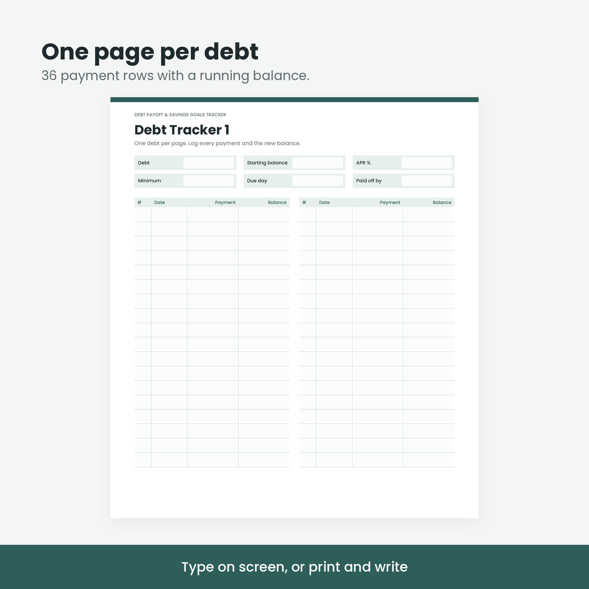 Single debt tracker page with 36 payment rows and running balance