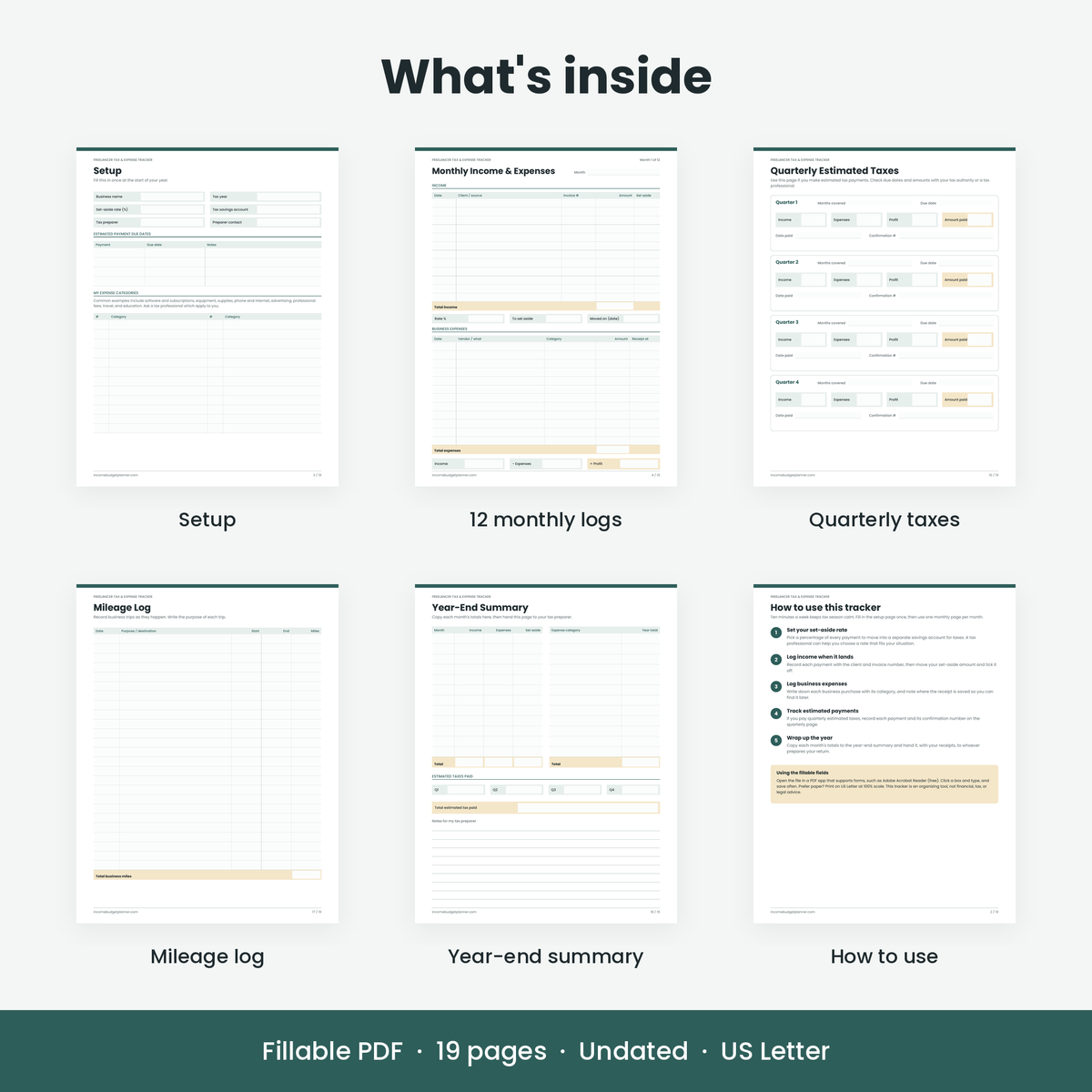 Pages inside: setup, monthly logs, quarterly taxes, mileage log, year-end summary