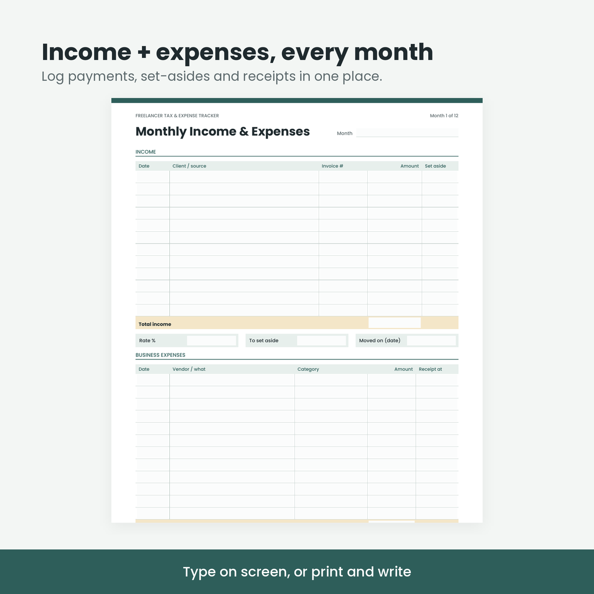 Monthly income and expenses page with income log, tax set-aside and expense log